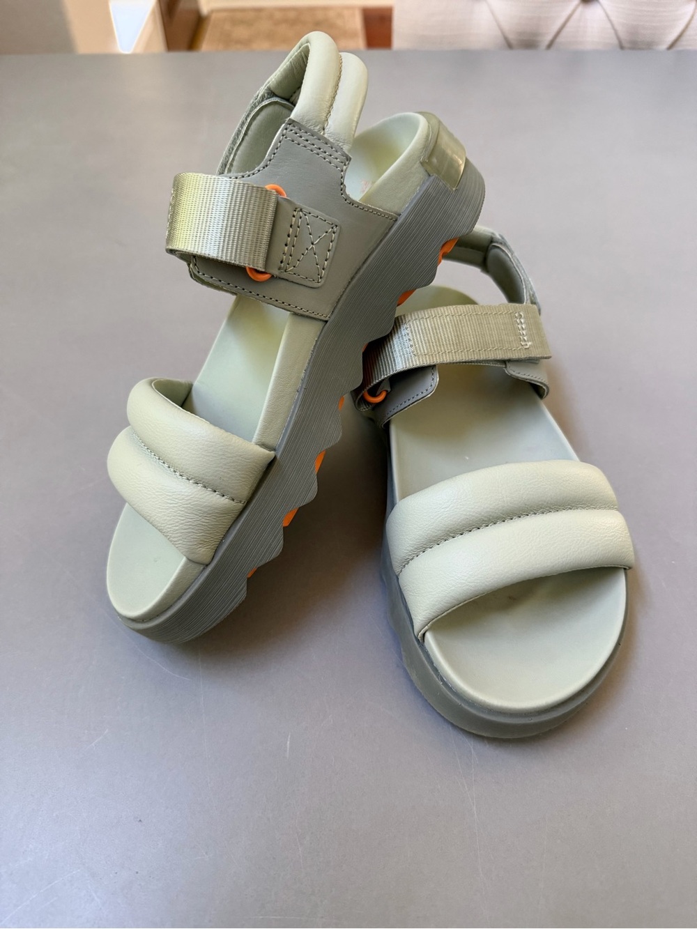 Sorel Sage Green Padded Strap Platform Sandals with Orange Accents
